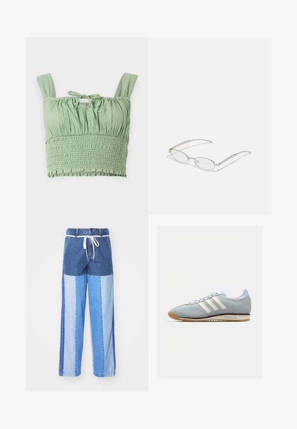 Hele rohelise tooni crop top, millel on smockitud tekstuur, laiad rihmad ja kinnitatav kaelus. Omab volditud kangast, mis tagab mugava istuvuse.; Sinised teksapüksid, millel on erinevatest sinistest toonidest kokku õmmeldud mustriga, paelavöö ja laiad, sirged sääred.; Heledad sinine sametist tennis, millel on valged kolm triipu, kummitald ja tekstureeritud sisu. Tooteomadused hõlmavad sujuvat varbakatet ja brändingut kontsapooles.; Ovaalsed prillid metallisel hõbedasel raamile, selged läätsed ja tekstuuriga helmedega tempelaktsentidega. Kerge konstruktsioon kaarjate kätega.