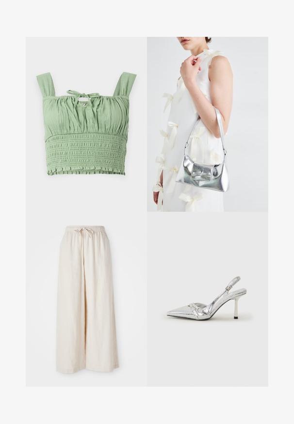 Šviesiai žalia apkarpyta palaidinė su smulkinta tekstūra, plačiomis petnešėlėmis ir pririšama iškirpte. Yra susiraukšlėjusios medžiagos, kuri suteikia laisvą prigludimą.; Platus, kreminės spalvos kelnes su elastinga juosta ir raišteliu. Lygus, lengvas lininis audinys, be matomų raštų ar metalinių detalių.; Sidabriniai slingback aukštakulniai batai su smailia pavadinimu, metaliniu paviršiumi, dviem dekoratyvinėmis juostelėmis ir lieknu kulnu su juodu galiuku.; Sidabrinė metalinė rankinė su struktūrizuota forma, turinti viršutinę rankeną ir kaspiną priekyje. Lygi tekstūra, atspindinti apdaila.