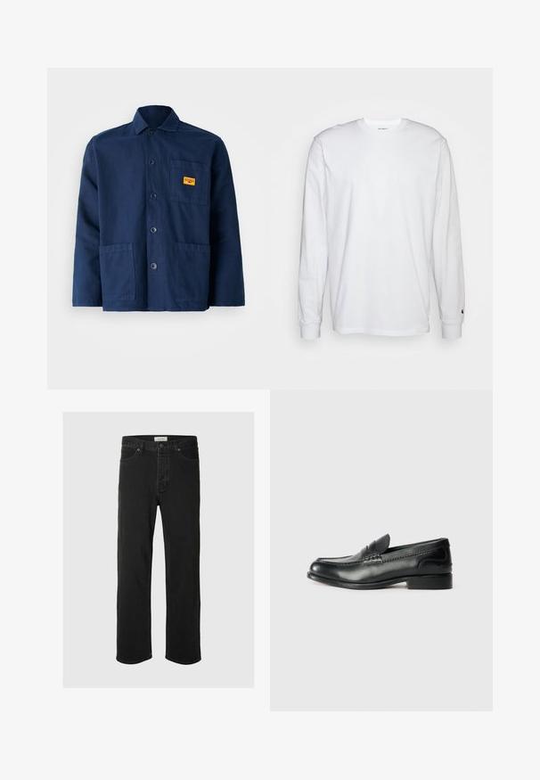 Tmavě modrá bavlněná bunda s špičatým límcem, předními knoflíky, dvěma velkými kapsami a malou žlutou nášivkou na hrudi.; Bílá dlouhá tričko s dlouhými rukávy vyrobené z bavlny. Design s kulatým výstřihem, žebrované manžety a malé logo na levém rukávu. Hladká textura.; Černé džíny rovného střihu mají klasický design se pěti kapsami, zapínání na knoflík, minimální švy a jemnou texturu.; Černé kožené mokasíny s hladkým povrchem, prošívanými detaily na svršku a mírně zvýšeným podpatkem.