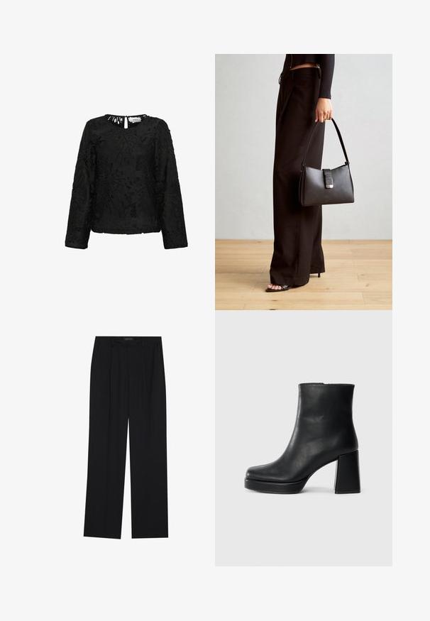 Sort langærmet top med detaljeret blomsterdekoration, scoop-udskæring og et lille nøglehul bagpå. Struktureret finish.; Sorte bukser med en lige ben-design, der har to forlommer og en talje. Lavet af et glat, let stof.; Sort læder ankelstøvle med blokhæl og platformssål, set fra siden på en ensfarvet hvid baggrund.; Sort håndtaske med struktureret form, glat overflade og metalspænde. Sammen med brede sorte bukser og sandaler med åben tå på trægulv.