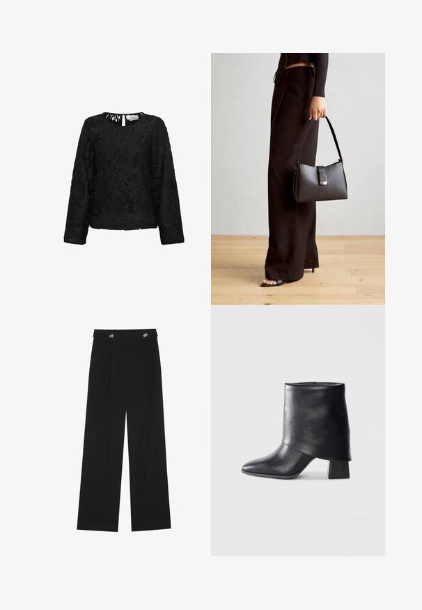Melnas garām piedurknēm tops ar sarežģītu ziedu mežģīņu dizainu, ar apaļu kakla izgriezumu un mazu atslēgas caurumu aizmugurē. Tekstūras apdare.; Melnas platās bikses ar augstu jostasvietu, pogu detaļām uz jostas un priekšējām krokām.; Melnas ādas potītes zābaki ar norādītu purngalu, gludu tekstūru un strukturētu blokveida papēdi. Iezīmē augstu, salocītu apkakles dizainu.; Melnā somiņa ar strukturētu formu, gludu tekstūru un metālu sprādzi. Saskaņota ar platām melnām biksēm un sandālēm ar atvērtu purngalu uz koka grīdas.
