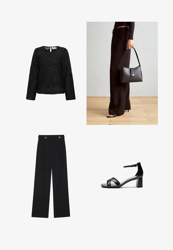 Crni dugi rukavi majica s intriciranim cvjetnim čipkastim dizajnom, okruglim dekolteom i malim prorezom na leđima. Teksturirani finiš.; Crne hlače širokih nogavica s visokim strukom, s dugmadi na pojasu i prednjim nabora.; Crne sandale s otvorenim prstima i potpeticama, s ukriženim trakama, podesivom narukvicom oko gležnja i masivnom potpeticom, izrađene od glatke kože.; Crna torba s oblikom koji sadrži strukturu, glađu teksturu i metalnu kopču. Uparena s širokim crnim hlačama i sandalama na otvorenom s drvenog poda.