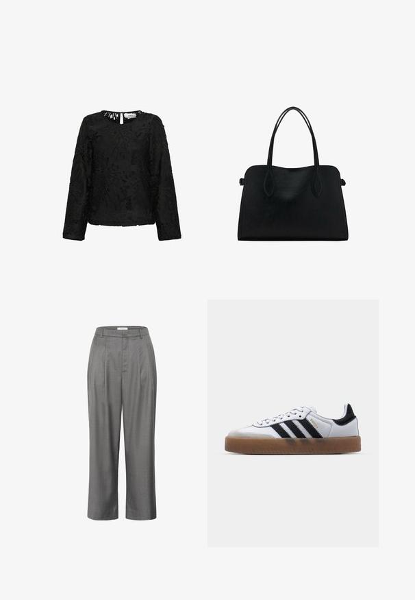 Čierny top s dlhými rukávmi, ktorý sa vyznačuje zložitým kvetinovým čipkovým vzorom, má okrúhly výstrih a malý otvor na chrbte. Štruktúrovaný povrch.; Sivé nohavice na mieru so rovnom strihom, s preloženým predným dielom, hladkou textúrou látky a klasickým dizajnom pásu.; Biele kožené tenisky s čiernymi pruhmi, gumová podrážka, okrúhla špička, šnurovanie a mäkký sivý semišový špička.; Čierna kožená kabelka s dvojitými popruhmi na rameno, obdĺžnikový tvar a minimalistický dizajn na bielom pozadí.