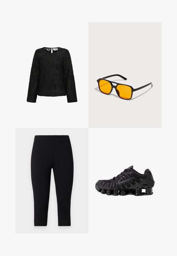 Sort langærmet top med detaljeret blomsterdekoration, scoop-udskæring og et lille nøglehul bagpå. Struktureret finish.; Sorte capri leggings lavet af strækbart materiale, med en tætsiddende pasform og glat tekstur, uden fremtrædende mønstre eller accenter.; Sort atletisk sko med mesh-overdel og glatte overlays. Har buet spiralbøsningsdæmpning og strukturerede linjer på siden. Nike-logoet er synligt.; Sorte rektangulære solbriller med dristige orange linser. Har et unikt brodesign og slanke arme, fremstillet af letvægtsmateriale.; Even&Odd Shopping bags - black