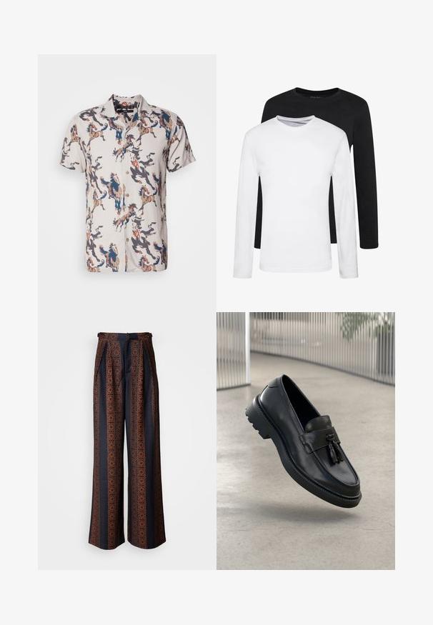 Chemise à manches courtes en tissu léger avec une base beige ornée de motifs de chevaux colorés dans des tons de bleu, marron et noir. Fermeture à boutons sur le devant.; Deux chemises à manches longues, l'une noire et l'autre blanche, en coton avec un col rond et une texture lisse, présentées dans un arrangement empilé.; Pantalons larges en tissu bleu foncé avec un motif géométrique orange complexe, dotés d'un front plissé et d'une ceinture ajustée.; Mocassins en cuir noir à finition lisse, avec pompon décoratif, semelle en caoutchouc épaisse et détails cousus. Design léger et élégant.