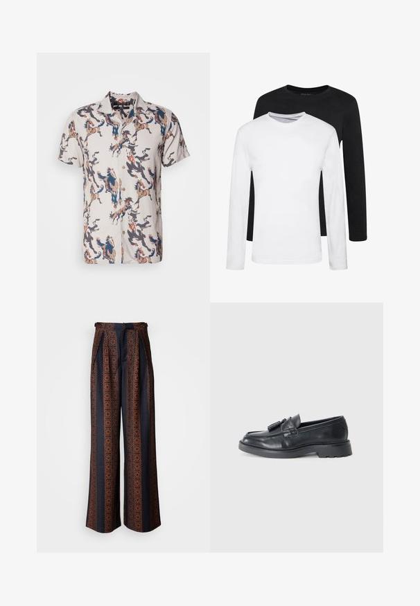 Chemise à manches courtes en tissu léger avec une base beige ornée de motifs de chevaux colorés dans des tons de bleu, marron et noir. Fermeture à boutons sur le devant.; Deux chemises à manches longues, l'une noire et l'autre blanche, en coton avec un col rond et une texture lisse, présentées dans un arrangement empilé.; Pantalons larges en tissu bleu foncé avec un motif géométrique orange complexe, dotés d'un front plissé et d'une ceinture ajustée.; Mocassins en cuir noir avec un bout arrondi, une sangle ornée de pompons et une semelle épaisse dotée d'un motif de traction. Texture lisse et design classique.