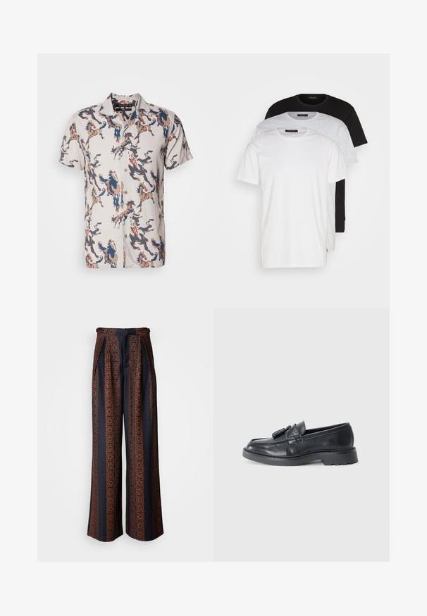 Lühikeste varrukatega särk kergest kangast, millel on beež taust ja värvilised hobuste mustrid sinistes, pruunides ja mustades toonides. Nööpidega ette.; Kolm ümmarguse kaelusega T-särki valges, helesinises ja mustas. Valmistatud pehmest puuvillast, lühikeste varrukatega ja mugava lõikega.; Tumed jalad tumepunases kangas, millel on keeruline oranž geomeetriline muster, plekitud eesmine osa ja hästi sobiv värv.; Mustad mustad nahast loafers, millel on ümmargune nina, tald nööpidega ja tugeva mustriga. Sile tekstuur ja klassikaline disain.