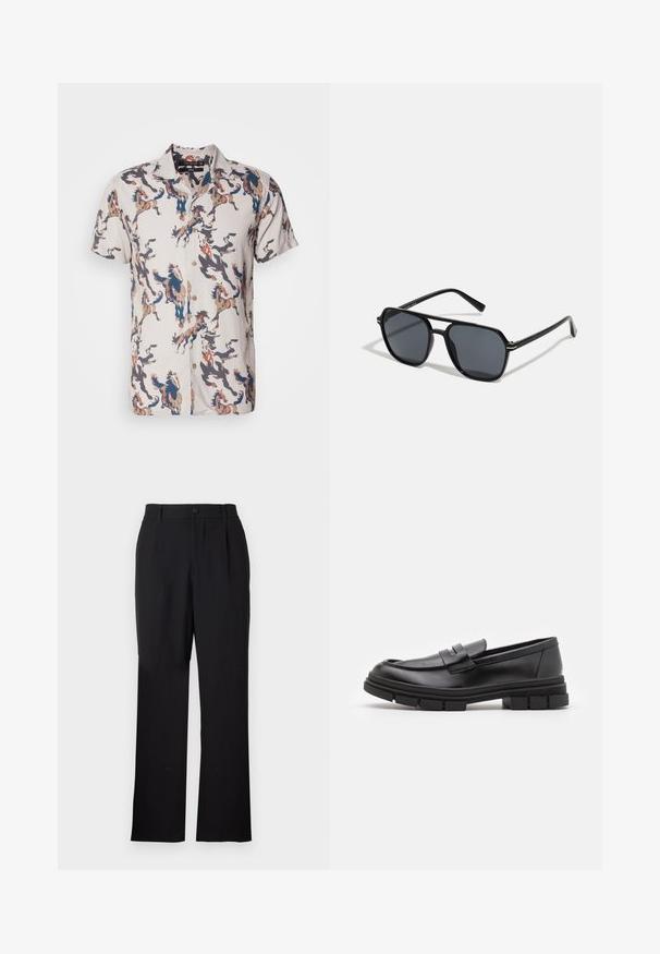 Short-sleeve shirt in lightweight fabric featuring a beige base with colorful horse patterns in blue, brown, and black tones. Button front.; Only & Sons ONSJEREMY LOOSE PANT - Trousers - black; Black leather loafers with a smooth finish, featuring a front strap detail and a chunky rubber sole with grooved accents.; Black sunglases with octagonal frame, dark lenses, glossy finish, thin temples, and gold accents on the front.; Metal quartz watch with a black face, white numerals, and date display. Features a stainless steel band and a water resistance of 100m.