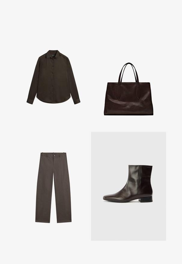 Mørkebrun langærmet skjorte med knaplukket krave, knapper foran og buet kant. Fremstillet af et glat, ensfarvet stof.; Bredde bukser i mørkebrun stof. Har knaplukning, to frontlommer og en glat tekstur med rene sømme.; Brun læderankelstøvle med spids tå, glat tekstur, mellemhøj hæl og enkelt design. Minimalistisk stil uden pynt.; Massimo Dutti Håndtasker - brown