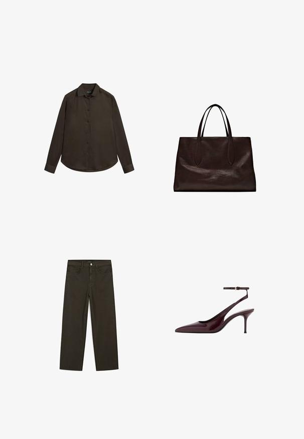 Camicia a maniche lunghe marrone scuro con collo alla coreana con bottoni, bottoni frontali e orlo curvo. Realizzata in tessuto liscio e tinta unita.; Jeans a gamba larga di colore verde scuro, realizzati in tessuto misto cotone, dotati di chiusura con bottone frontale, cinque tasche e cuciture classiche in denim.; Décolleté slingback in pelle lucida bordeaux con punta affusolata, cinturino sottile alla caviglia e tacco a spillo di media altezza su sfondo bianco.; Massimo Dutti Borsa a mano - brown