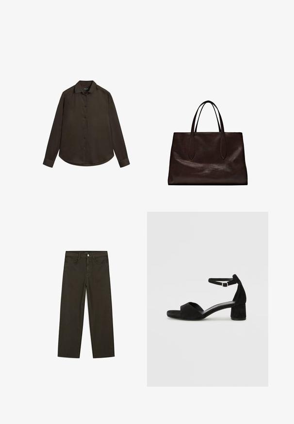 Dunkelbraunes Langarmshirt mit Knopfleiste am Kragen, Knöpfen vorne und abgerundetem Saum. Hergestellt aus einem glatten, einfarbigen Stoff.; Dunkelgrüne Jeans im weit geschnittenen Style, hergestellt aus einem Baumwollgemisch. Sie verfügen über einen Frontknopfverschluss, fünf Taschen und klassische Denim-Nähte.; Schwarze Wildleder-Espadrilles mit einem dünnen Knöchelriemen, offener Zehenpartie und moderatem Blockabsatz. Glatte Textur und minimale Akzente.; Massimo Dutti Handtasche - brown