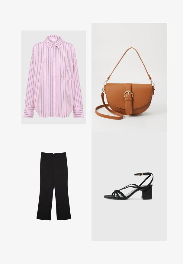 Světle růžová košile s dlouhým rukávem, vertikálními černými pruhy, límcem na knoflíčky a jednou náprsní kapsou na levé straně hruď. Měkká textilie.; Černé kalhoty s rovným střihem, s předními kapsami a bočními rozparky na lemu. Vyrobené z jemné, hladké tkaniny. Vhodné na různé příležitosti.; Černé semišové sandály s blokovým podpatkem, které mají několik popruhů a sponu na kotníku. Hladká podrážka a minimalistický design.; Hnědá kožená křížová taška s zakřiveným tvarem, zlatými detaily a akcentem s přezkou. Obsahuje odnímatelný popruh na rameno.