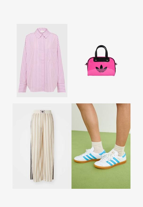 Svetloružová dlhá košeľa s čiernymi vertikálnymi pruhmi, golierom na gombíky a jedným náprsným vreckom na ľavej strane hrude. Mäkky textúra látky.; Béžové nohavice s širokými nohavicami a zigzagovými vzormi, s čiernym logom na páse a bočnými čiernymi pruhmi. Ľahká, textúrovaná látka.; Biele tenisky s svetlomodrými pruhmi, gumovou podrážkou a šnurovacím dizajnom. Obsahujú zlaté logo a hladký vzhľad podobný koži.; Ružová lakovaná kabelka s čiernym logom a rúčkami, s zaobleným tvarom a zipsovým uzáverom. Lesklý povrch zvyšuje viditeľnosť.