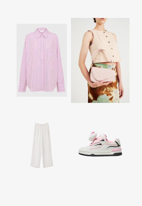 Light pink long-sleeve shirt with vertical black stripes, button-down collar, and single patch pocket on the left chest. Soft fabric texture.; White wide-leg trousers made from a lightweight fabric. Features an elastic waistband with a drawstring and side pockets. Smooth texture.; White and pink sneakers featuring a mesh upper, padded tongue, and black accents. Thick rubber sole with textured tread for grip.; Pink leather handbag with a curved flap, single shoulder strap, and clean lines. The bag exhibits a smooth texture and minimalistic design.