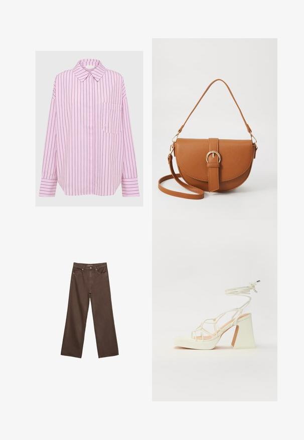 Svetloružová dlhá košeľa s čiernymi vertikálnymi pruhmi, golierom na gombíky a jedným náprsným vreckom na ľavej strane hrude. Mäkky textúra látky.; Džínsy s širokými nohavicami v hnedej farbe, vyrobené z denimu, so zvýšeným pásom, prednými vreckami a klasickým zapínaním na gombík. Hladká textúra s jemným prešívaním.; Biele sandále na vysokom opätku s hrubým podpätkom, s pruhovaným dizajnom a viazaním na členku. Hladký povrch s platformou vpredu pre zvýšenú výšku.; Hnedá kožená kabelka cez telo s zakriveným tvarom, zlatými kovovými doplnkami a akcentom s prackou. Obsahuje odnímateľný ramenný popruh.