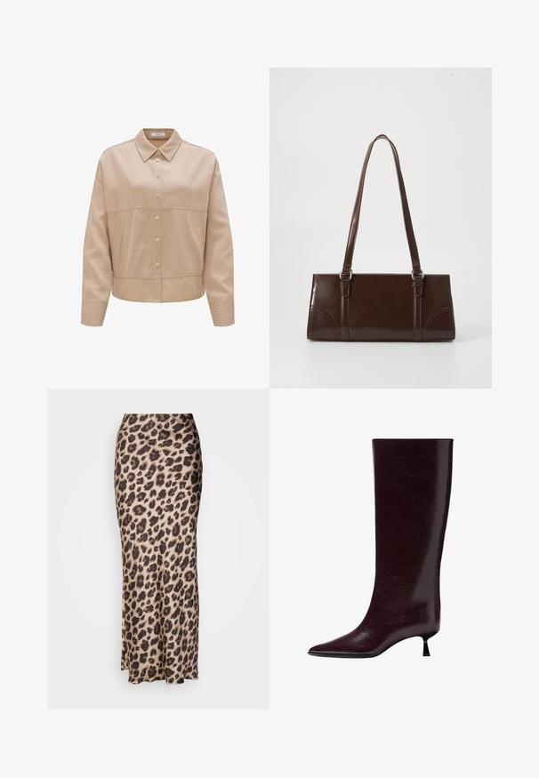 Beige button-up shirt with a collar, made from smooth fabric. Features a tailored fit, side pockets, and ribbed accents on the sleeves.; Leopard print midi skirt in smooth satin fabric. Features a fitted silhouette with a slight slit at the hem for movement. Neutral beige and brown.; Knee-high burgundy leather boot with a sleek, textured finish, pointed toe, and a thin, stacked heel for added elevation.; Brown patent leather handbag with a rectangular shape, two long handles, and subtle curved accents on the front.