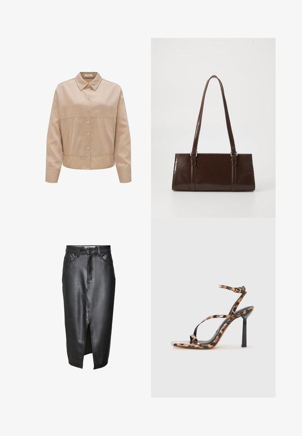 Camicia beige con bottoni e colletto, realizzata in tessuto liscio. Presenta una vestibilità su misura, tasche laterali e accenti a coste sulle maniche.; Gonna in pelle nera con design a lunghezza media, caratterizzata da uno spacco frontale, passanti per cintura classici e dettagli cuciti lungo le cuciture.; Sandali con tacco alto e cinturini, con punta quadrata, caratterizzati da una stampa leopardata in tonalità di marrone e nero su una finitura lucida.; Borsa in pelle verniciata marrone di forma rettangolare, con due manici lunghi e sottili accenti curvi sul davanti.