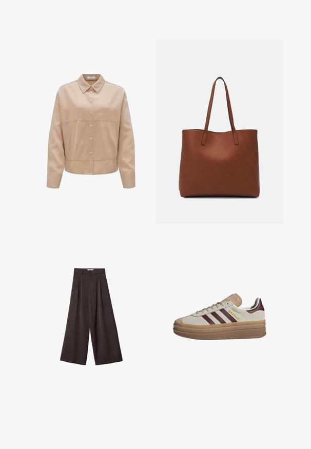 Beige Hemd mit Knöpfen und Kragen, aus glattem Stoff gefertigt. Besitzt eine taillierte Passform, seitliche Taschen und gerippte Akzente an den Ärmeln.; Schwarze, weit geschnittene Hose mit hoher Taille, ausgestattet mit vorderen Falten und einem Knopfverschluss an der Taille, aus glattem Stoff gefertigt.; Beige Wildledersneaker mit maroonfarbenen Streifen, weißen Akzenten, einer klobigen, transparenten Sohle und hervorgehobenem Branding an der Seite. Schnürdesign.; Braune Leder-Tote mit glatter Textur, offenem Oberteil und zwei Schulterriemen. Verfügt über minimale Nähte und keine sichtbaren Beschläge.