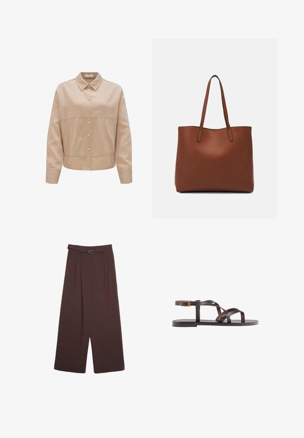 Beige Hemd mit Knöpfen und Kragen, aus glattem Stoff gefertigt. Besitzt eine taillierte Passform, seitliche Taschen und gerippte Akzente an den Ärmeln.; Stradivarius WIDE-LEG WITH BUCKLE DETAIL - Stoffhose - dark brown; Braune Leder-Sandale mit überkreuzten Riemen, einem Knöchelriemen mit Schnalle und einer flachen Sohle mit minimalen Nähdetails.; Braune Leder-Tote mit glatter Textur, offenem Oberteil und zwei Schulterriemen. Verfügt über minimale Nähte und keine sichtbaren Beschläge.