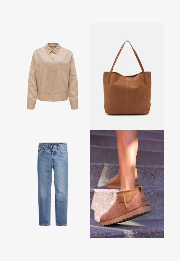 Beige Hemd mit Knöpfen und Kragen, aus glattem Stoff gefertigt. Besitzt eine taillierte Passform, seitliche Taschen und gerippte Akzente an den Ärmeln.; Helle blaue Jeans im geraden Schnitt, mit fünf Taschen und einem Knopfverschluss. Sie weisen dezente Verfärbungen und orangefarbene Nähte auf.; Beige Wildleder-Ankelstiefel mit weicher Textur, gesteppten Details und einer Gummisohle, ausgestattet mit einer Schlaufe an der Ferse für einfaches An- und Ausziehen.; Braune Wildleder-Tote mit zwei langen Henkeln, die eine glatte Textur, ein einfaches Design und keine sichtbaren Beschläge oder Akzente aufweist.