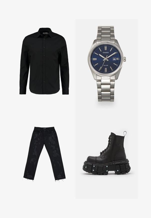 Zwarte lange mouw shirt gemaakt van een gladde stof, heeft een knoopsluiting aan de voorkant, een spitse kraag en een getailleerde pasvorm met een gebogen zoom.; Zwarte denim jeans met versleten vlekken, een ontspannen pasvorm, rafelige zoom en een standaard vijf-pocket ontwerp. De stof lijkt duurzaam en gestructureerd.; Zwarte leren gevechtslaarzen met een hoge schacht, vetersluiting, dikke rubberen zool en metalen accenten op de basis van de zool.; Zilveren roestvrijstalen horloge met een marineblauwe wijzerplaat, metalen uurmarkeringen en een datumnis op 3 uur. Waterbestendig tot 50 meter.