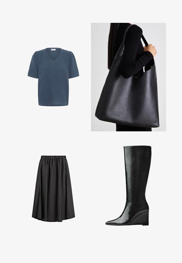 Kaffe MAI - T-shirts print - ensign blue; Sort midi-nederdel lavet af let, flydende stof med elastisk talje og let A-formet silhuet. Ingen synlige mønstre eller accenter.; Knæhøje sorte læderstøvler med en slank, spids tå og en kilehælk. Overfladen er glat med en blank finish.; Sort læder tote taske med en glat overflade, overdimensioneret form og en enkelt skulderrem. Har et guld logo som accent.