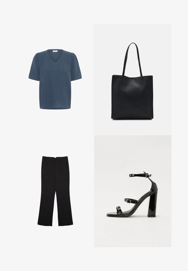 Kaffe MAI - T-shirts print - ensign blue; Sorte bukser med lige pasform, der har frontlommer og slidser i kanten. Lavet af blødt, glat stof. Velegnet til forskellige anledninger.; Sorte patenterede hælsandaler med firkantet tå, ankelremme og sølvspænder. Har en chunky blokHæl for stabilitet.; Sort læder tote taske med glat tekstur, rektangulær form og to lange hanke. Ingen synlig hardware eller udsmykninger.