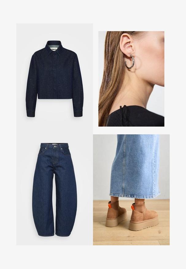 Camisa de ganga azul-escura com um design cropped, apresentando costuras visíveis e pintas claras espalhadas, mangas longas e colarinho pontiagudo.; Calças de ganga azul escuro com um corte largo e descontraído. Apresentam fecho de correr, quatro bolsos e costura contrastante ao longo das costuras.; Botas plataforma em camurça castanha com painéis laterais elásticos e puxadores laranja, combinadas com uma saia de ganga clara até ao joelho, em um chão de madeira.; Brinco de argola prateada com acabamento polido, apresentando pequenos detalhes em dourado e uma forma redonda, usado na orelha.