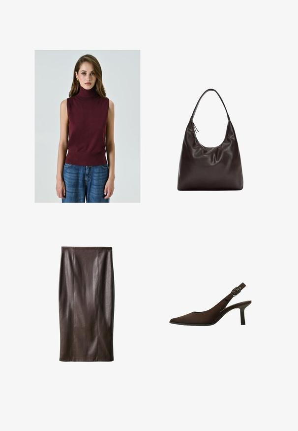 Burgunderfarbener ärmelloser Rollkragenpullover aus weichem Stoff, mit tailliertem Schnitt und glatter Textur, kombiniert mit blauen Jeans im weit geschnittenen Stil.; Brauner Leder-Bleistiftrock mit glatter Textur, knielang, mit vertikalen Nähten zur Gestaltung. Keine zusätzlichen Beschläge oder Akzente.; Braun Wildleder Slingback-Pumps mit spitzem Zeh, schlankem Design, dünnem Absatz und einer Schnallenakzent auf dem Knöchelriemen.; Braune Leder-Schultertasche mit einem weichen, lässigen Design. Die Tasche verfügt über einen breiten Riemen und eine minimalistische Form, die durch eine subtile Textur ergänzt wird.
