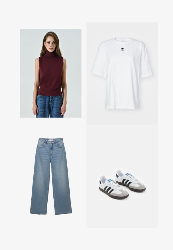 Top smanicato bordeaux in tessuto morbido, con vita aderente e superficie liscia, abbinato a pantaloni wide-leg in denim blu.; T-shirt bianco a maniche corte in cotone. Presenta un collo rotondo e un piccolo logo Adidas nero sul petto. Orlo dritto.; Jeans a gamba larga di colore azzurro chiaro realizzati in denim. Caratterizzati da vita alta, cinque tasche e un taglio dritto con minima scoloritura.; Scarpe sportive con tomaia in pelle bianca, punta in suede grigia e tre strisce nere. Presentano un logo blu sulla linguetta e una suola in gomma testurizzata.