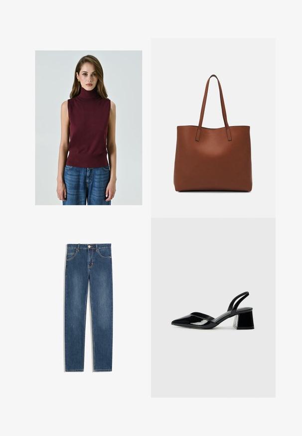 Burgunderfarbener ärmelloser Rollkragenpullover aus weichem Stoff, mit tailliertem Schnitt und glatter Textur, kombiniert mit blauen Jeans im weit geschnittenen Stil.; Dunkelblaue Jeans aus Denim mit geradem Schnitt, fünf Taschen, subtilen Nähdetails und einem Metallknopf an der Taille.; Schwarze Lackleder-Slingback-High Heels mit spitzem Schuh und einem geometrischen Blockabsatz. Verfügt über ein schlankes, minimalistisches Design und eine glatte Textur.; Braune Leder-Tote mit glatter Textur, offenem Oberteil und zwei Schulterriemen. Verfügt über minimale Nähte und keine sichtbaren Beschläge.
