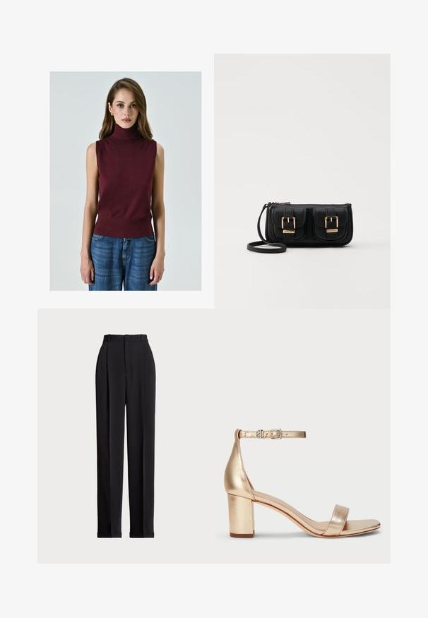 Bordeaux mouwloze coltrui gemaakt van zachte stof, met een getailleerde taille en een gladde textuur, gecombineerd met blauwe denim wijdpijperige broeken.; Zwarte op maat gemaakte broek met een hoge taille, voorzien van plooien aan de voorkant, een recht gesneden ontwerp en een omslagrand. Gemaakt van een soepele stof.; Lauren Ralph Lauren LOGAN METALLIC NAPPA LEATHER SANDAL - Sandalen - platinum; Zwarte leren schoudertas met twee vo pockets, gouden gespen, ritsluiting en een smalle band. Tekstuur oppervlak en compacte rechthoekige vorm.