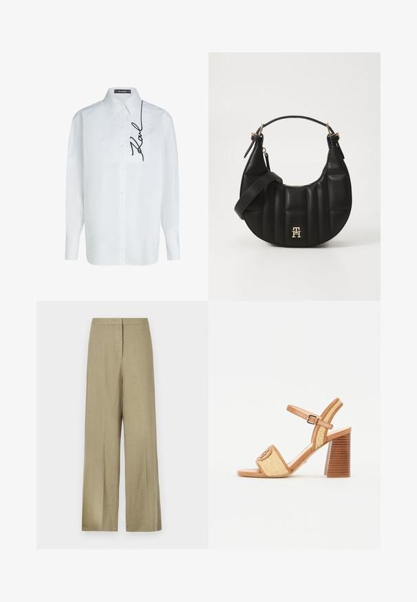 Balta kokvilnas krekls ar garām piedurknēm un pogājamu priekšpusi, ar kreisajā krūtī novietotu kabatu un melnu „Karl” paraksta izšuvumu sānos.; Gaiši zaļi, platā kāja bikses, izgatavotas no linu. Piedāvā augstu jostu un tīru priekšpusi ar vienu krokā.; Brūni ādas un austu salmu papēžu sandales ar potīšu siksniņu, atvērtu purngalu un masīvu koka izskata papēdi ar horizontālām svītrām.; Melnas ādas rokassoma ar izliekumu formu, kā arī izšūtu tekstūru un zelta aksesuāriem. Iespējas iekļauj noņemamu plecu siksnu un logo detalizāciju.