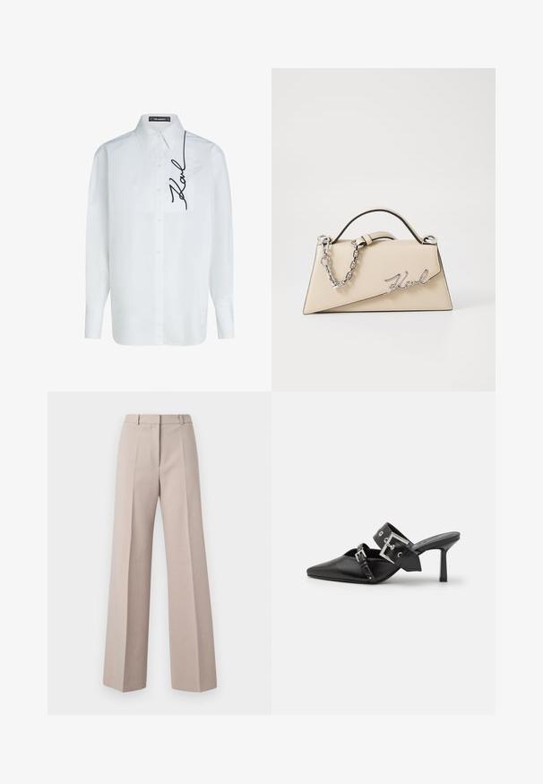 Camisa de algodón blanca de manga larga con botones en la parte delantera, que cuenta con un bolsillo en el pecho izquierdo y bordado negro de la firma "Karl" en el costado.; Pantalones de pierna ancha beige, fabricados con un tejido suave, que cuentan con una cintura alta, pliegues frontales y una silueta ajustada.; Mules de tacón alto negros con puntera afilada, elaborados en cuero suave. Cuentan con una amplia correa para el tobillo con una hebilla cuadrada de plata y tachuelas.; Bolso de mano de cuero beige con una forma triangular estructurada, que cuenta con un asa de cadena plateada y un logotipo en cursiva de metal.