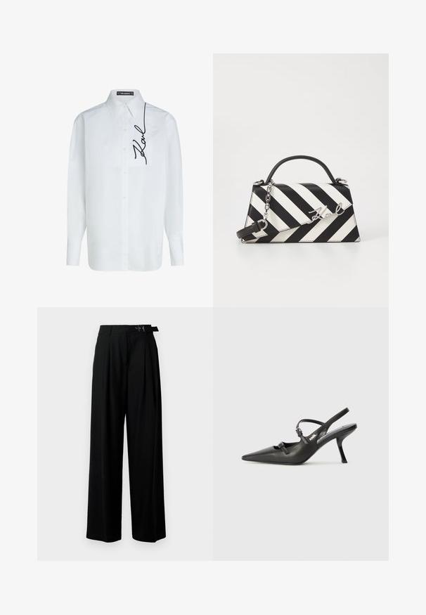 Camicia bianca in cotone a maniche lunghe con chiusura davanti a bottoni, dotata di taschino sinistro sul petto e ricamo nero con la firma "Karl" sul lato.; Pantaloni neri a gamba larga con vita alta, pieghe nella parte anteriore e una cintura con fibbia. Realizzati in tessuto liscio e leggero.; Scarpe slingback nere in pelle con punta affilata, tacco sottile e dettaglio decorativo a fibbia sulla tomaia. Texture liscia e design elegante.; Borsa a righe bianche e nere con una forma strutturata, dotata di manico superiore, tracolla a catena staccabile e dettaglio logo metallico.