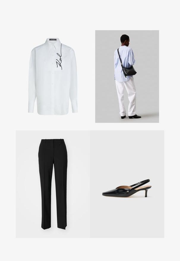 Fehér hosszú ujjú pamut ing, gombos elülső záródással, bal oldali zsebből és fekete "Karl" feliratozású hímzéssel a modellen.; Fekete, testhezálló nadrág egyenes szárú kivitelben, sima textúrával és éles redőkkel az elején. Nincs látható fémalkatrész.; Fekete lakkbőr slingback pump, hegyes orral, kisméretű sarokkal és kivágott dizájnnal a vamp részen. Arany színű kiegészítő az oldalon.; Fekete bőr válltáska puha tapintással, háromszög alakú, állítható pánttal, világoskék csíkos inggel és fehér nadrággal párosítva.