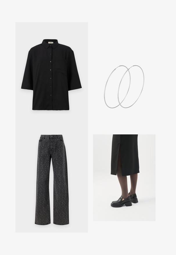 Czarny krótki rękaw koszula na guziki wykonana z lekkiego materiału. Posiada klasyczny kołnierz i jedną kieszeń na piersi. Gładka tekstura.; Noisy May NMJANNEL czarny denim; Czarne skórzane buty z okrągłym noskiem, grubym blokowym obcasem i elastycznymi akcentami po bokach, zestawione z ciemnymi rajstopami i czarną spódnicą z rozcięciem.; Srebrne kolczyki w formie obręczy o minimalistycznym designie. Okrągły kształt, gładka faktura i cienki profil. Lekkie, z polerowanym wykończeniem.