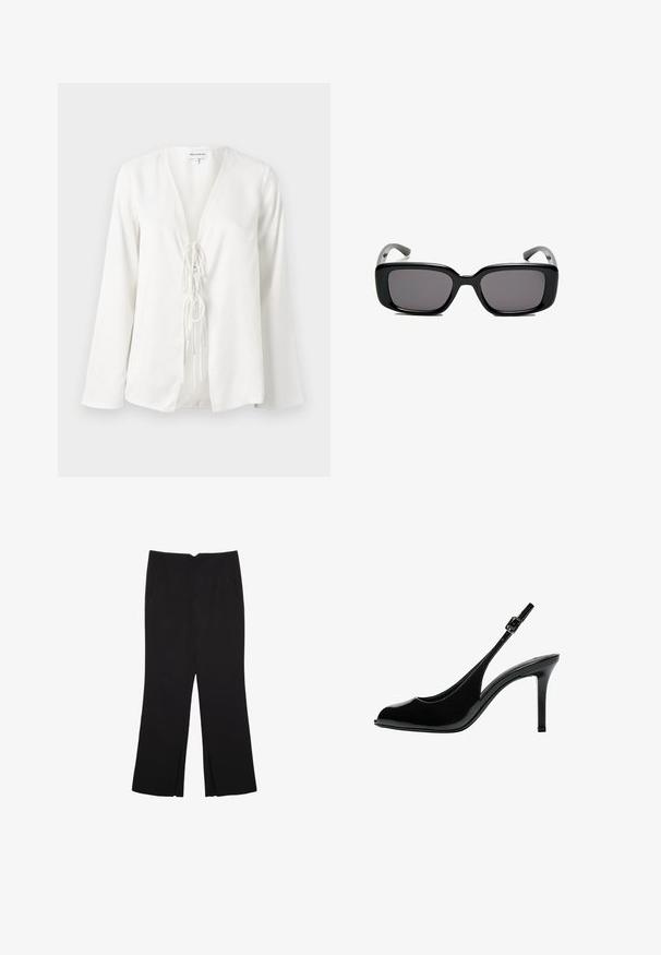 Weiße Bluse mit tiefem V-Ausschnitt, langen Ärmeln und einer vorderen Bindedetail. Hergestellt aus einem glatten, leichten Stoff mit einem lockeren Schnitt.; Schwarze Hose mit geradem Schnitt, ausgestattet mit Fronttaschen und Seitenschlitzen am Saum. Hergestellt aus weichem, glattem Stoff. Geeignet für verschiedene Anlässe.; Bershka WITH OPENING - High Heel Peeptoe - black; Schwarze rechteckige Sonnenbrille mit dunklen Gläsern, glattem Kunststoffrahmen und gebogenen Bügeln. Das Design ist klobig mit einer minimalistischen Ästhetik.
