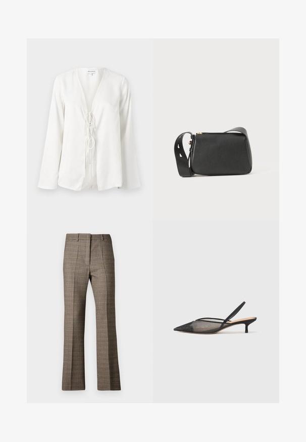 White blouse featuring a deep V-neck, long sleeves, and a front tie detail. Made of a smooth, lightweight fabric with a relaxed fit.; Brown plaid trousers with a straight leg cut, featuring a textured fabric and subtle colors of beige and darker browns throughout the pattern.; NEOUS IRENA - Classic heels - black; Black leather crossbody bag with a rectangular shape, textured surface, gold hardware, and an adjustable strap featuring cut-out details.