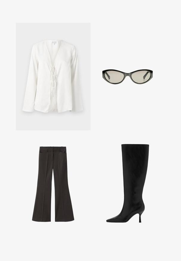 Vit blus med djup V-ringning, långa ärmar och en knyt detalj fram. Tillverkad av ett lent, lätt tyg med en avslappnad passform.; Svarta utsvängda byxor med hög midja; har två framfickor och en mjuk tygtextur. Lämpliga för olika tillfällen.; Svart läder knähög boot med spetsig tå och stilettklack. Slät textur med en stilren design, utan synlig hårdvara eller dekorationer.; Svarta cat-eye solglasögon med gråtonade linser. Plastbågen har skarpa kanter och en slät, blank yta.