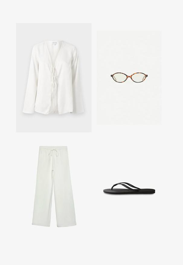 Bela bluzica z globokim V-izrezom, dolgimi rokavi in podrobnostjo na vozlu spredaj. Narejena je iz gladkega, lahkega materiala z ohlapnim krojem.; Bele široke hlače iz mehkega blaga. Imajo elastičen pas s vrvico in gladko teksturo. Brez vidnih vzorcev ali kovinskih delov.; Črne natikače z teksturirano gumijasto podlogo, dvema ozkima trakoma in subtilnim, vtisnjenim logom na traku.; Kornjačaste očala z ovalnimi lečami in gladko, sijočo površino. Imajo tanke stranice z rahlim ovinkom na templjih. Prosojne leče.