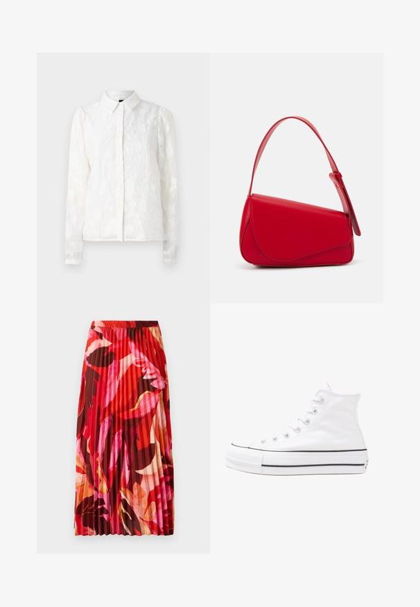 Pieces PCJALA SHIRT - Button-down blouse - cloud dancer; Pleated maxi skirt in vibrant red, pink, and brown floral pattern. Elastic waistband and smooth texture enhance comfort and style.; White high-top canvas sneaker with black rubber sole, front rubber toe cap, and six eyelets for laces, featuring a clean, minimalist design.; Red leather handbag with an angular, geometric design. Features a single adjustable strap and a flap closure with stitched detailing.