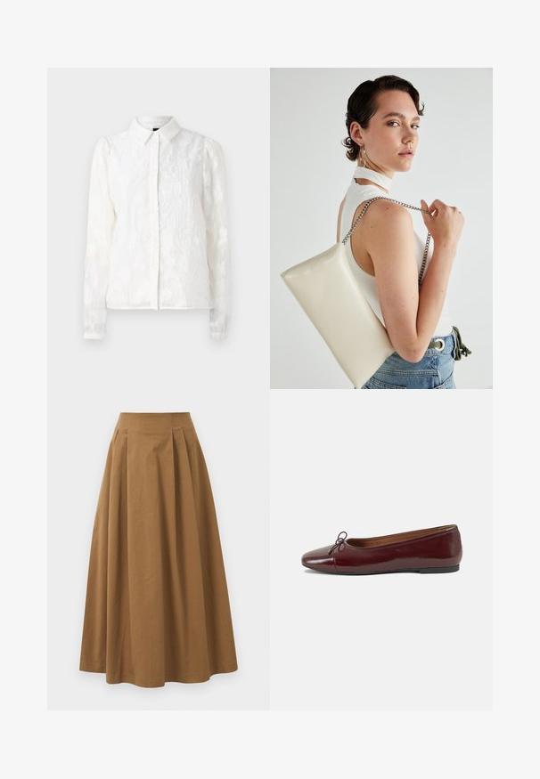 Pieces PCJALA SHIRT - Blusa com botões - cloud dancer; Saia A-line de algodão castanho com cintura alta, apresentando pregas na parte da frente e uma textura suave. As bordas da bainha são limpas e simples.; Bailarinas em couro sintético borgonha com bico redondo, pequeno laço na frente e sola baixa em borracha preta. Textura suave.; Bolsa de mão retangular branca, feita de material brilhante, com uma alça em corrente prateada. Modelo posa, exibindo a bolsa contra um fundo simples.