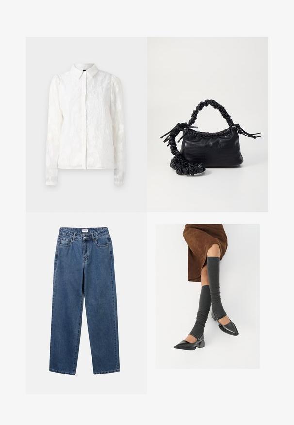 Pieces PCJALA SHIRT - Blus - cloud dancer; Klassiska blå denimjeans med rak benform, fem fickor och knäppning. Har en medelblå tvättning och stadig textur.; Svarta lackläderskor med spetsig tå, blockklack och ankelrem, i kombination med grå ribbade benvärmare och en brun mockakjol.; Svart faux läderhandväska med krokodiltextur, snodd topp och en skrämd rem. Ser mjuk och kompakt ut i designen.