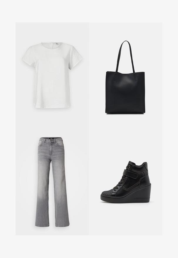 Tricou alb cu mânecă scurtă, cu guler rotund, având un material texturat și închidere cu spate în formă de cheie. Design simplu și minimalist.; Jeans din denim gri, cu talie înaltă și croială dreaptă, cu fermoar și nasture frontal, buzunare frontale și spate, și nuanțe estompate pe coapse și gambe.; Adidași cu toc ascuns negri, din piele netedă, cu șireturi la față, curea ajustabilă și detalii decorative cu fermoar.; Geantă tote neagră din piele, cu textură netedă, formă rectangulară și două mânere lungi. Fără hardware vizibil sau ornamente.