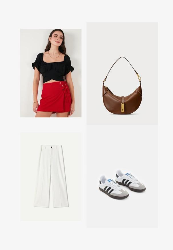 Black crop top with puff sleeves and a square neckline, paired with a red mini skirt featuring lace-up detail and grommets on the side.; White wide-leg trousers made of smooth fabric, featuring a front button closure and pleated details. Flat front design, no pockets visible.; Sport shoes with a white leather upper, gray suede toe, and three black stripes. Features a blue logo on the tongue and a textured rubber sole.; Brown leather shoulder bag with curved shape, gold hardware, top clasp detail, and a logo accent. Smooth texture with stitched edges.