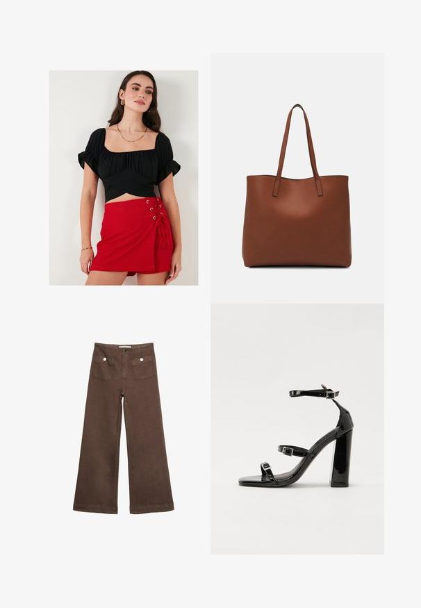 Black crop top with puff sleeves and a square neckline, paired with a red mini skirt featuring lace-up detail and grommets on the side.; Brown wide-leg trousers made of cotton, featuring two front pockets with silver buttons, and a smooth texture.; Black patent high-heeled sandals with two buckle straps, square toe, and a chunky block heel, featuring a smooth, glossy texture.; Brown leather tote bag with a smooth texture, open top design, and two shoulder straps. Features minimal stitching and no visible hardware.