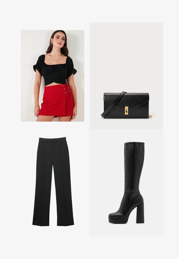 Czarny crop top z bufiastymi rękawami i kwadratowym dekoltem, w połączeniu z czerwoną mini spódnicą z detalami sznurowania i oczkami po bokach.; Czarne spodnie z wysokim stanem i szerokimi nogawkami, z pętelkami na pasek oraz detalem w postaci szwu z przodu, prezentowane na białym tle.; Czarne, wysokie na kolano botki wykonane z gładkiej skóry z teksturowanym wykończeniem, z wysokim obcasem blokowym i okrągłym czubkiem.; Czarny skórzany portfel z klapą, złotą okuciami, z akcentem logo. Zawiera odpinany pasek do noszenia.