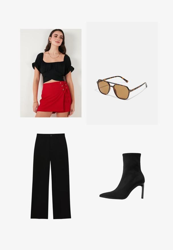 Black crop top with puff sleeves and a square neckline, paired with a red mini skirt featuring lace-up detail and grommets on the side.; Black, high-waisted, wide-leg trousers made of a smooth fabric, featuring a flat front, button closure, and no visible pockets.; Black ankle boot made of smooth suede, featuring a pointed toe and a high stiletto heel. Sleek, minimalist design without embellishments.; Brown-tinted sunglasses with a tortoiseshell frame, rectangular lenses, and slender arms featuring an orange accent pattern.; Brown suede handbag with a gold square clasp, top handle, and chain strap. Features a rectangular shape and rounded edges.