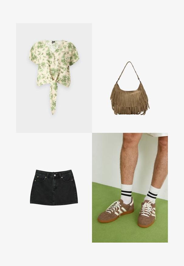 Beige Hemd mit kurzen Ärmeln und grünen Blättermustern, mit einer durchgehenden Knopfleiste und einem gebundenen Saumdetail. Aus leichtem Stoff gefertigt.; Schwarzer Jeans-Minirock mit Knopfverschluss vorne, Gürtelschlaufen und zwei vorderen Taschen mit Kupfernieten, flach auf weißem Hintergrund ausgelegt.; Braune Wildleder-Sneaker mit weißen Akzenten und Schnürsenkeln. Gummisohle in Kautschuk-Optik. Getragen mit weißen Socken, die schwarze Streifen haben. Grüner strukturierter Fußboden.; Braune Wildleder-Handtasche mit langen Fransen, einer geschwungenen Form und einem einzelnen Schultergurt. Verfügt über eine glatte, strukturierte Oberfläche.